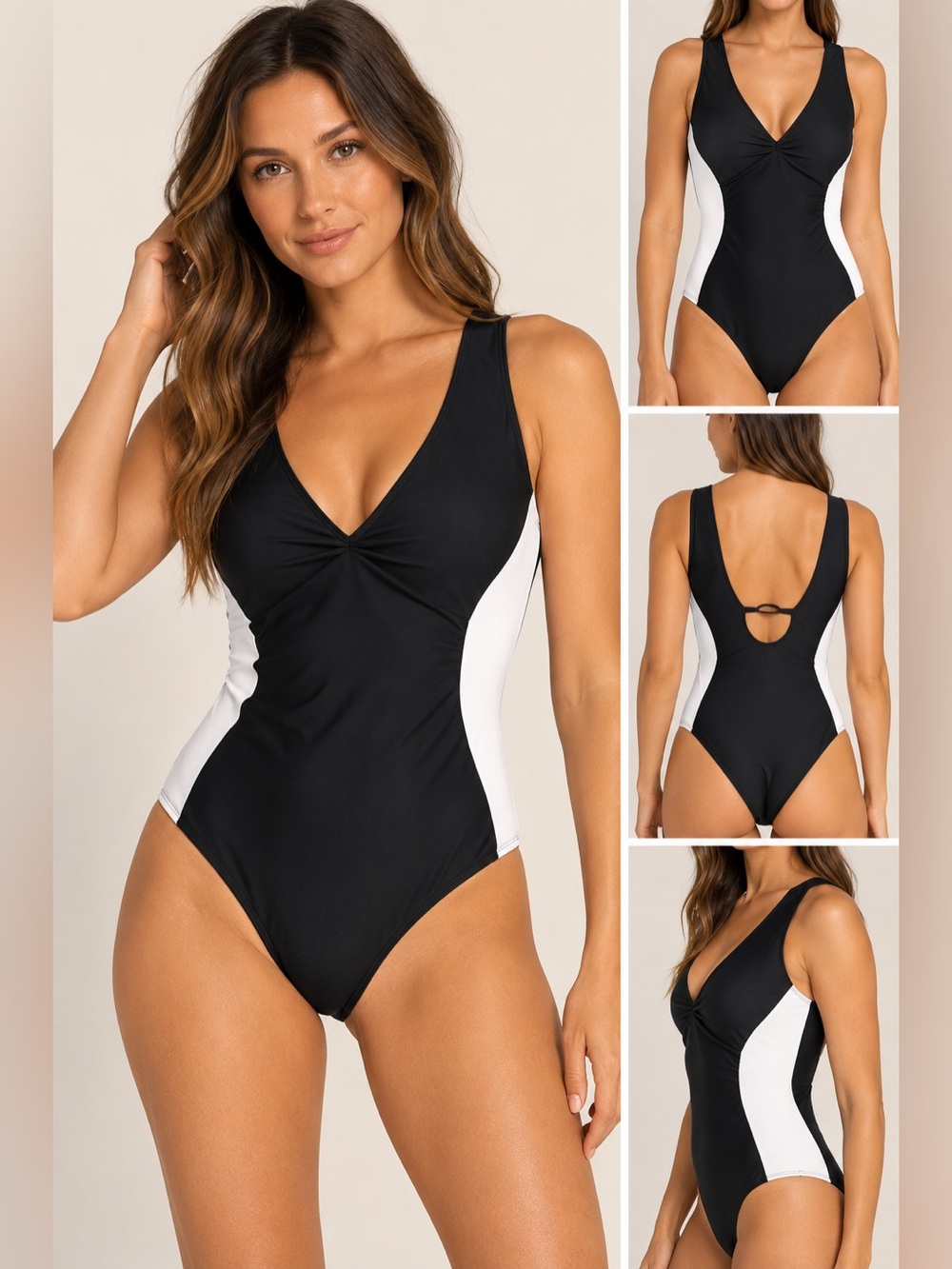 Women’s Black & White One-Piece Swimsuit - Sculpting V-Front